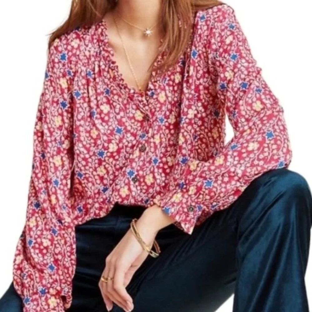 Maeve by Anthropology Sz 6 Viscose V Neck Pink‎ Blouse Long Sleeve